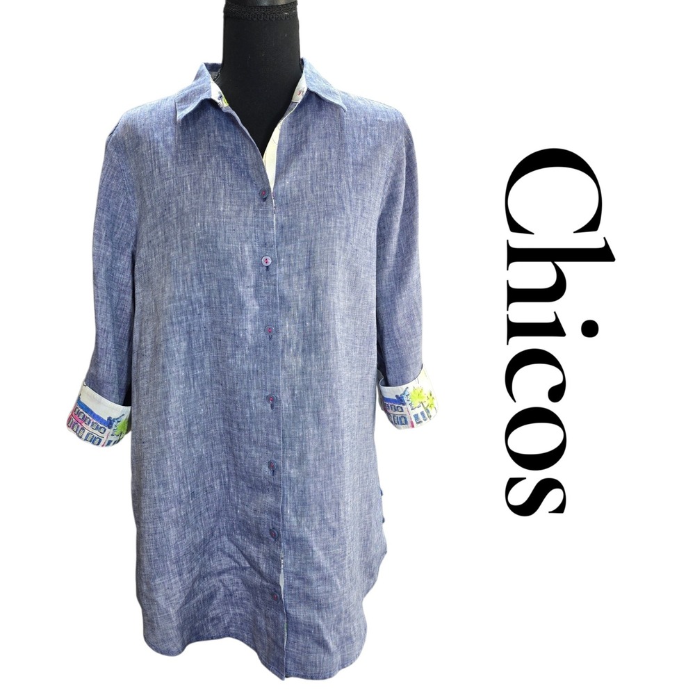 Chicos Linen Tunic Women 1 Blue 100% Linen No Iron Novelty Cuff Coastal Classic